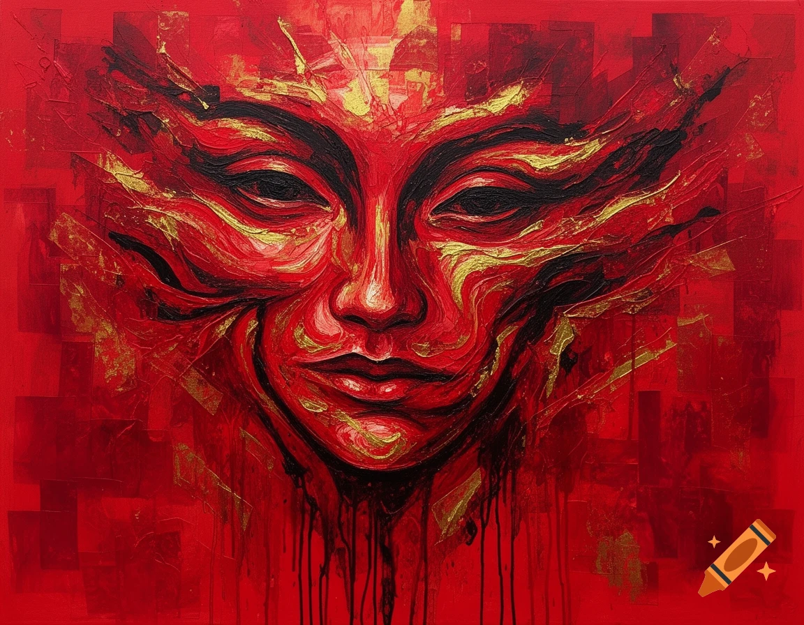 Vibrant abstract painting of a stylized face in red, gold, and black with visible brushstrokes and paint drips.