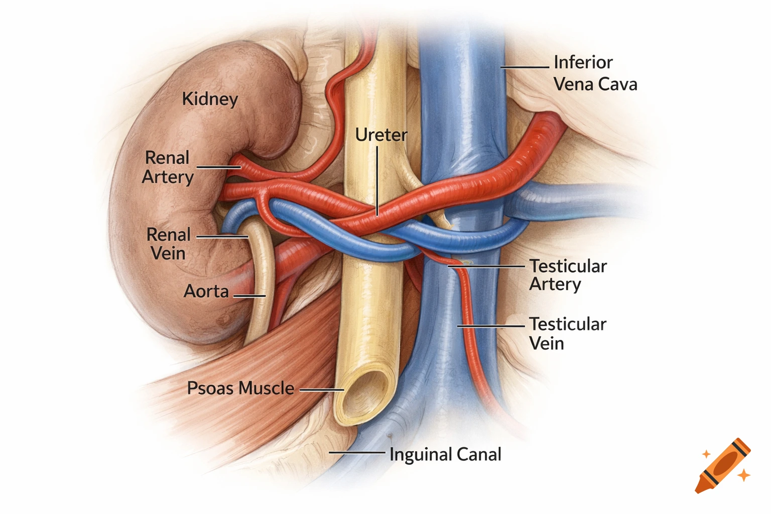 Detailed medical illustration of male retroperitoneal anatomy, showing kidney, ureter, aorta, vena cava, and various arteries and veins with labels.