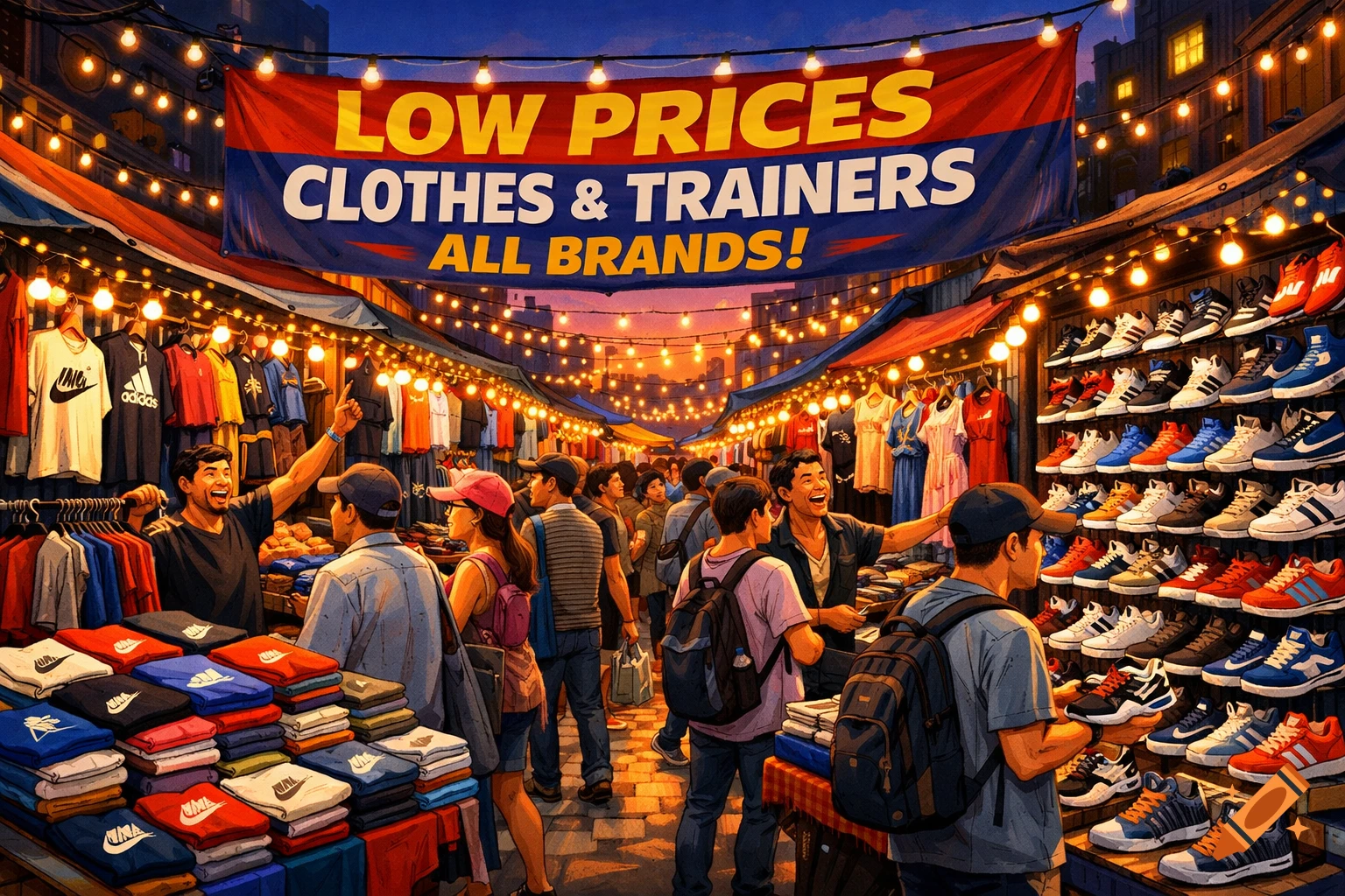 Vibrant illustration of a bustling night market, shoppers browsing clothes and trainers under string lights and a banner.