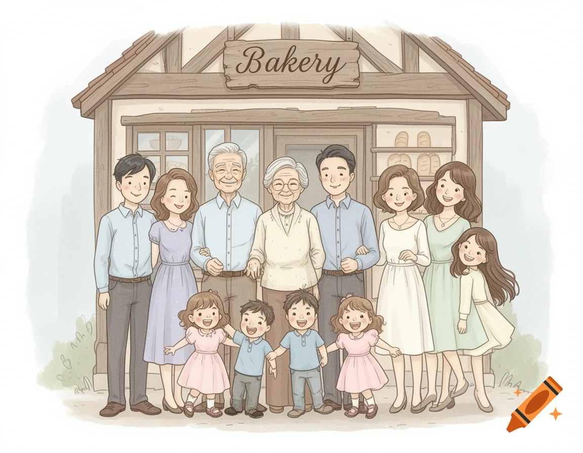An illustrated family portrait with grandparents, adult children, and young children smiling in front of a quaint bakery.