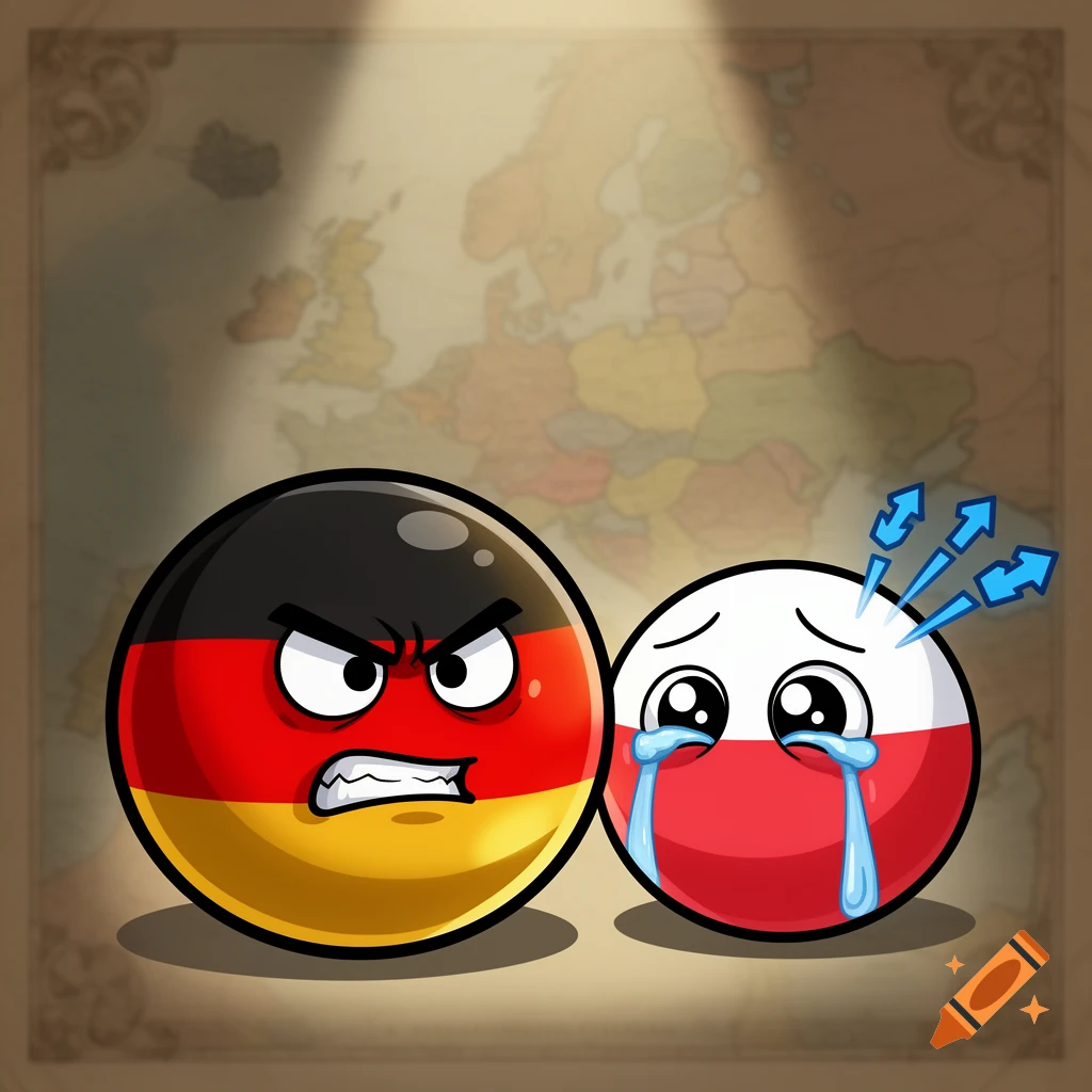 An angry Germany countryball stands next to a crying Poland countryball, with a faint map of Europe in the background.