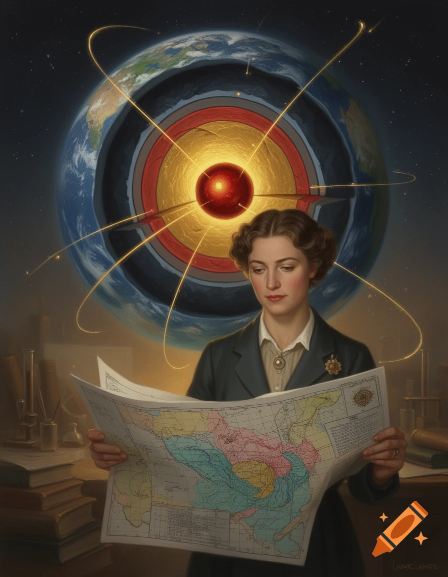 A woman in vintage attire intently studies a map, with a cutaway diagram of Earth's core and orbital light trails in the background, in a detailed painting style.