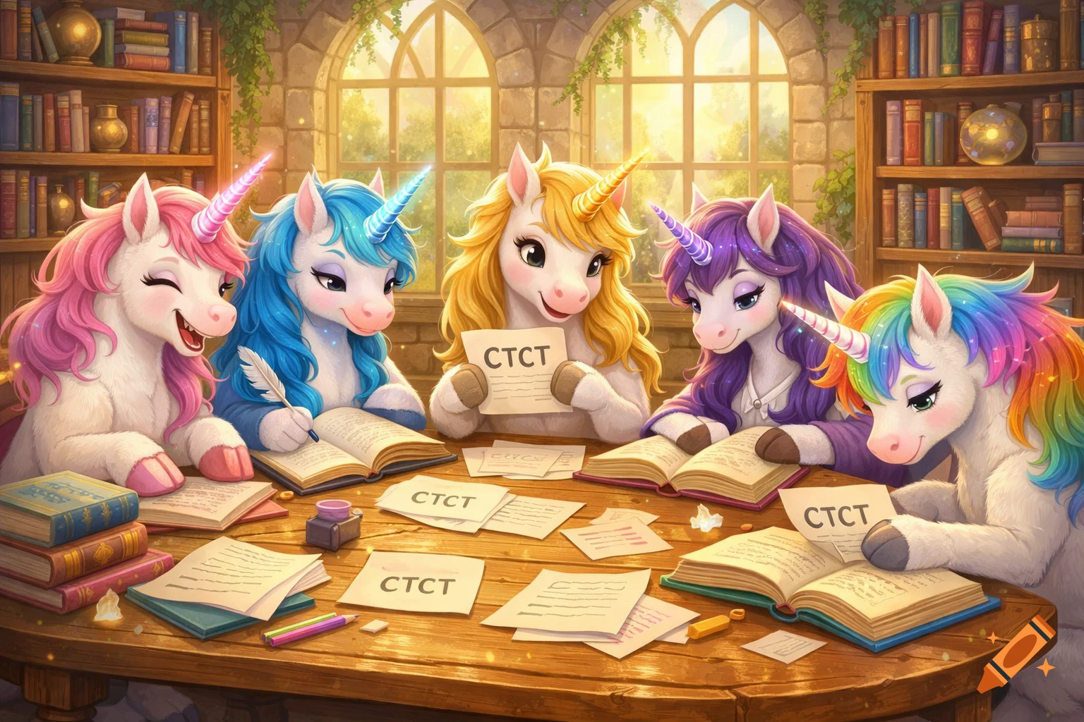 Five cartoon unicorns with colorful manes study at a wooden table in a fantasy classroom, surrounded by books and papers.