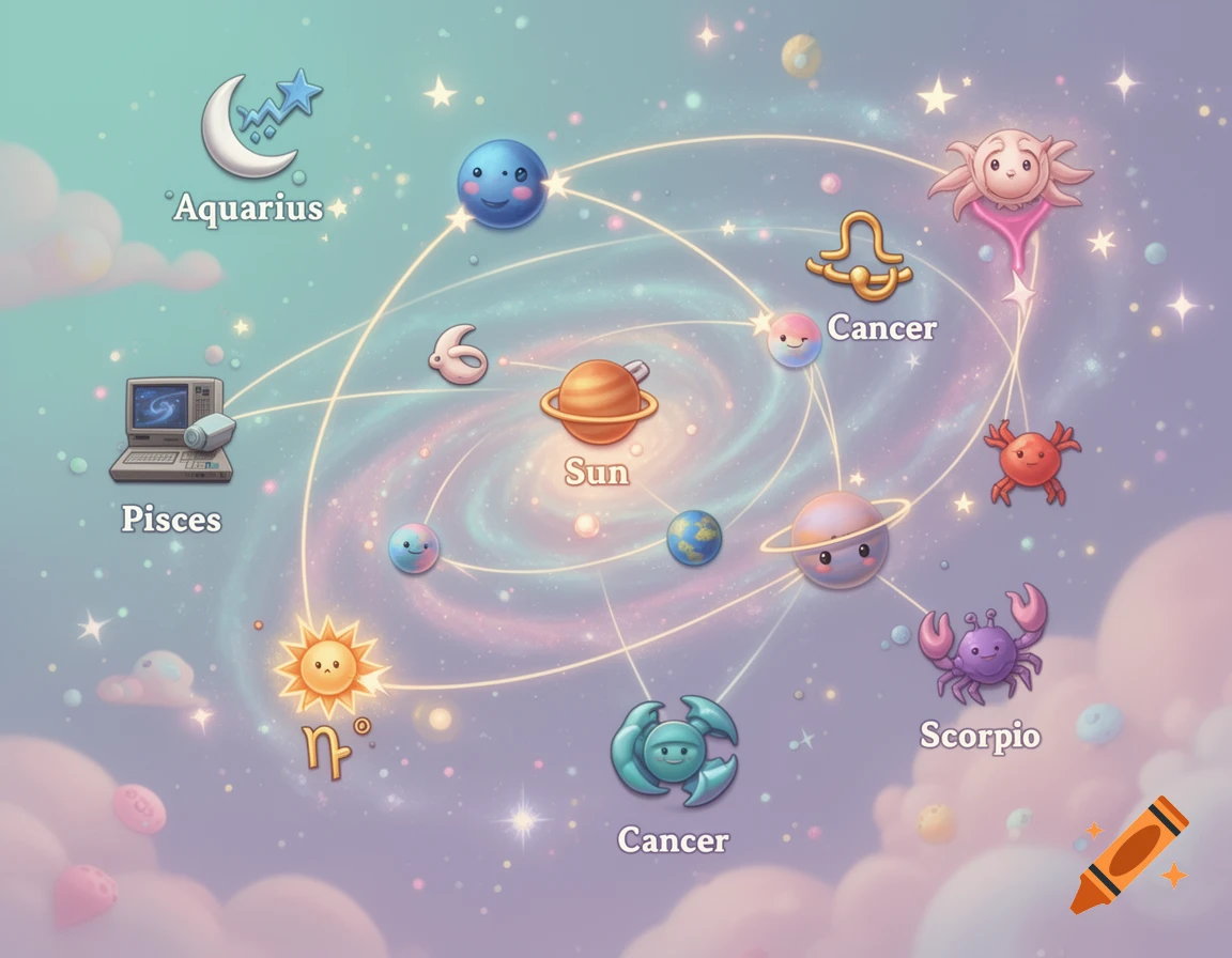 A whimsical, pastel-colored cosmic map showing cartoon planets and astrological signs like Aquarius, Pisces, Sun, Cancer, and Scorpio interconnected by glowing lines.