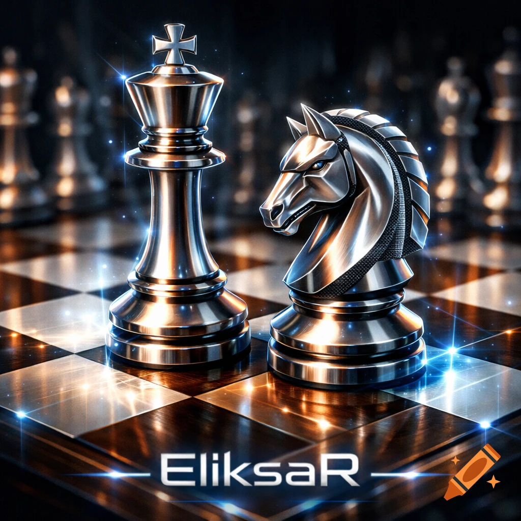 Metallic king and knight chess pieces on a glossy chessboard with futuristic holographic light effects. 'EliksaR' is at the bottom.