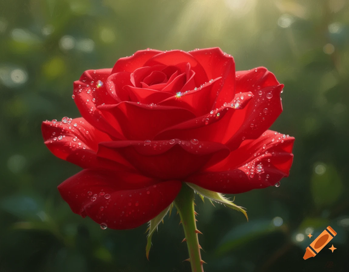 A vibrant red rose covered in sparkling dewdrops, set against a soft, blurred green background with sunlit bokeh.