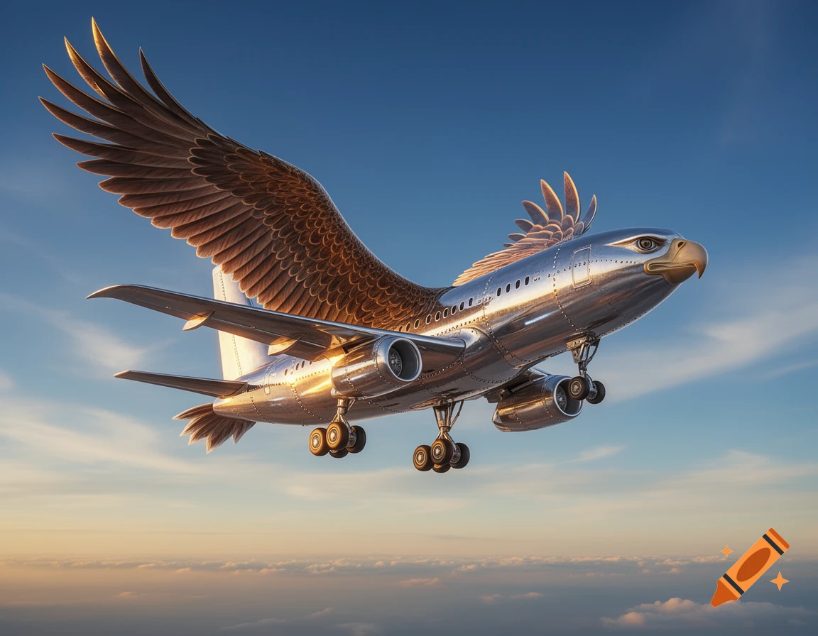 A majestic griffin-airplane hybrid with a metallic body and large feathered wings flies above the clouds against a blue sky with golden light.