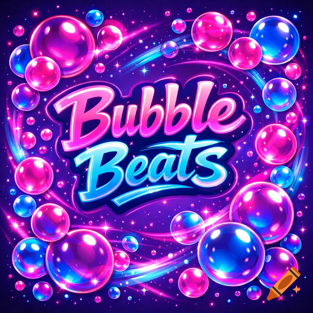 A vibrant music album cover featuring pink and blue bubbles, sparkling lights, and the glowing text 'Bubble Beats' on a dark purple background.