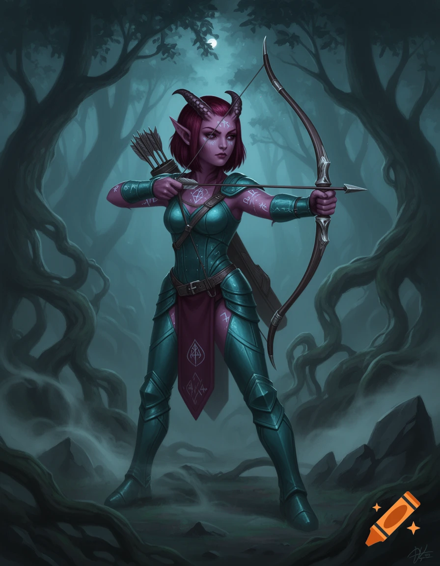 A purple-skinned female tiefling archer with burgundy hair and short horns, wearing teal armor, stands in a misty forest, aiming a bow. Faint runes mark her skin.