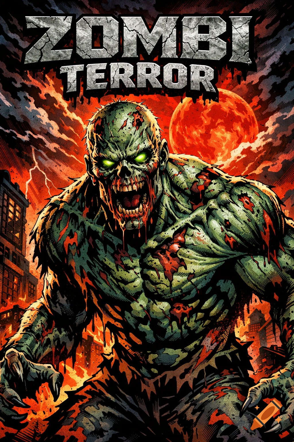 A comic style illustration of a blood-splattered green zombie with glowing eyes, titled 'ZOMBI TERROR', in a fiery cityscape.