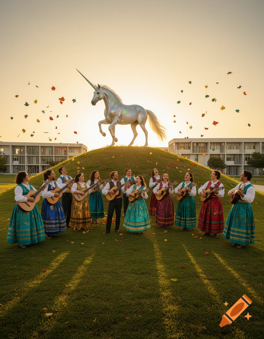 A group of people in traditional attire play string instruments in front of a sparkling unicorn statue on a grassy hill, with leaves falling against a golden sky.