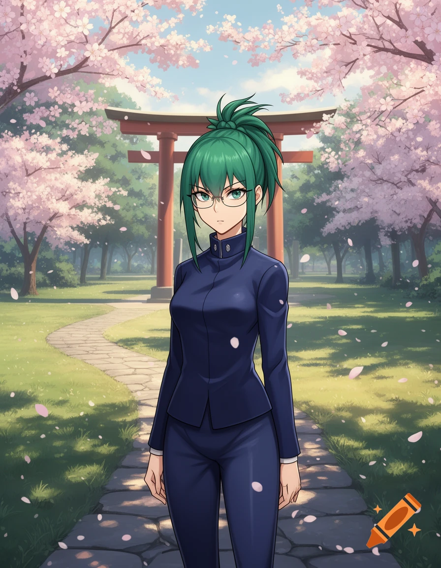 Anime character Maki Zenin with green hair and glasses in a dark blue uniform, standing on a stone path under cherry blossoms with a torii gate in the background.