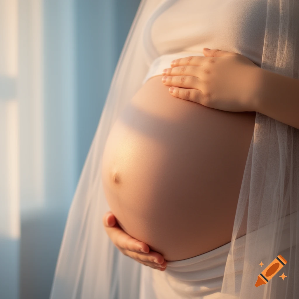 Close-up of a pregnant woman's belly, gently held by her hands, bathed in soft golden light, photorealistic.