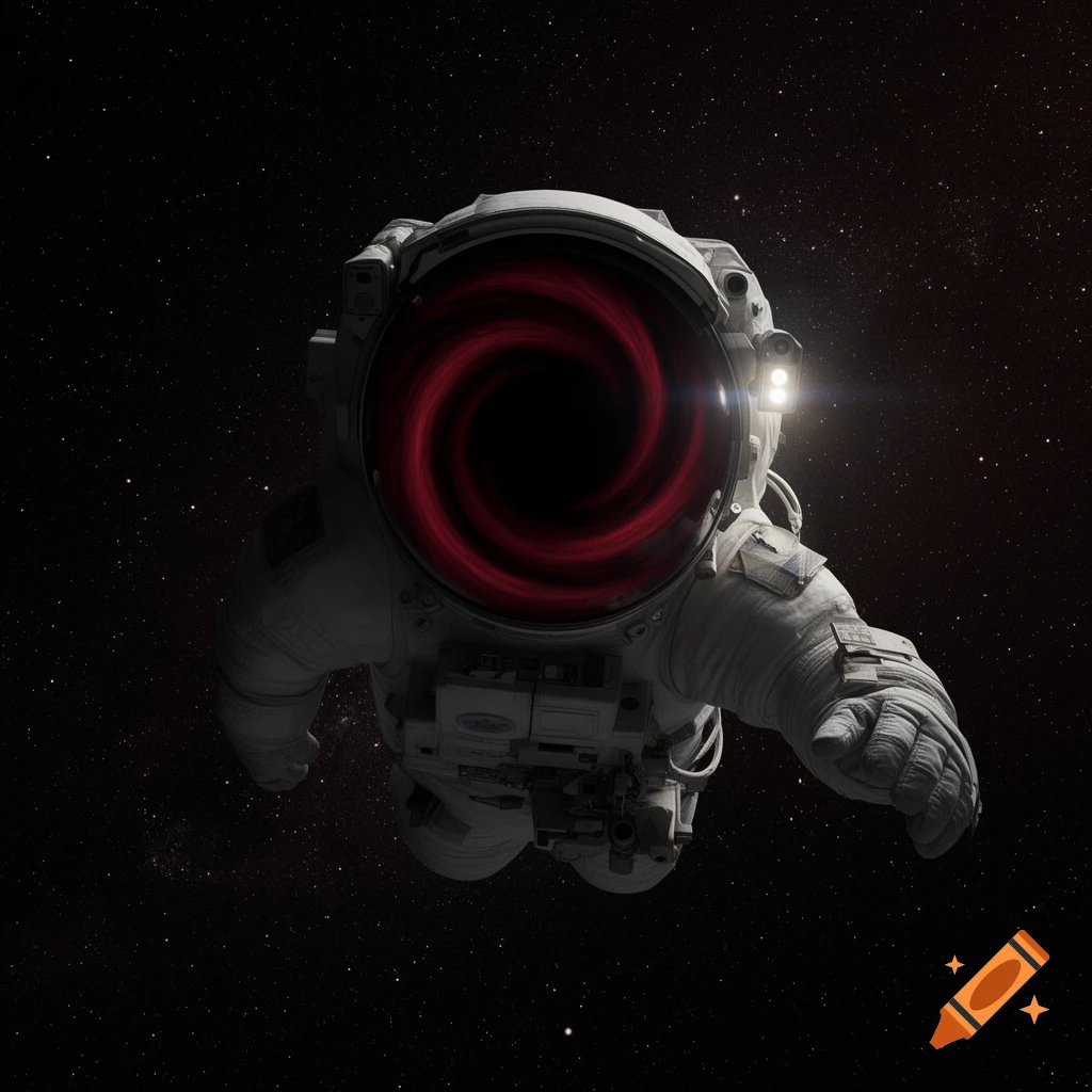An astronaut floats in space, a swirling red and black black hole reflected in their helmet visor.