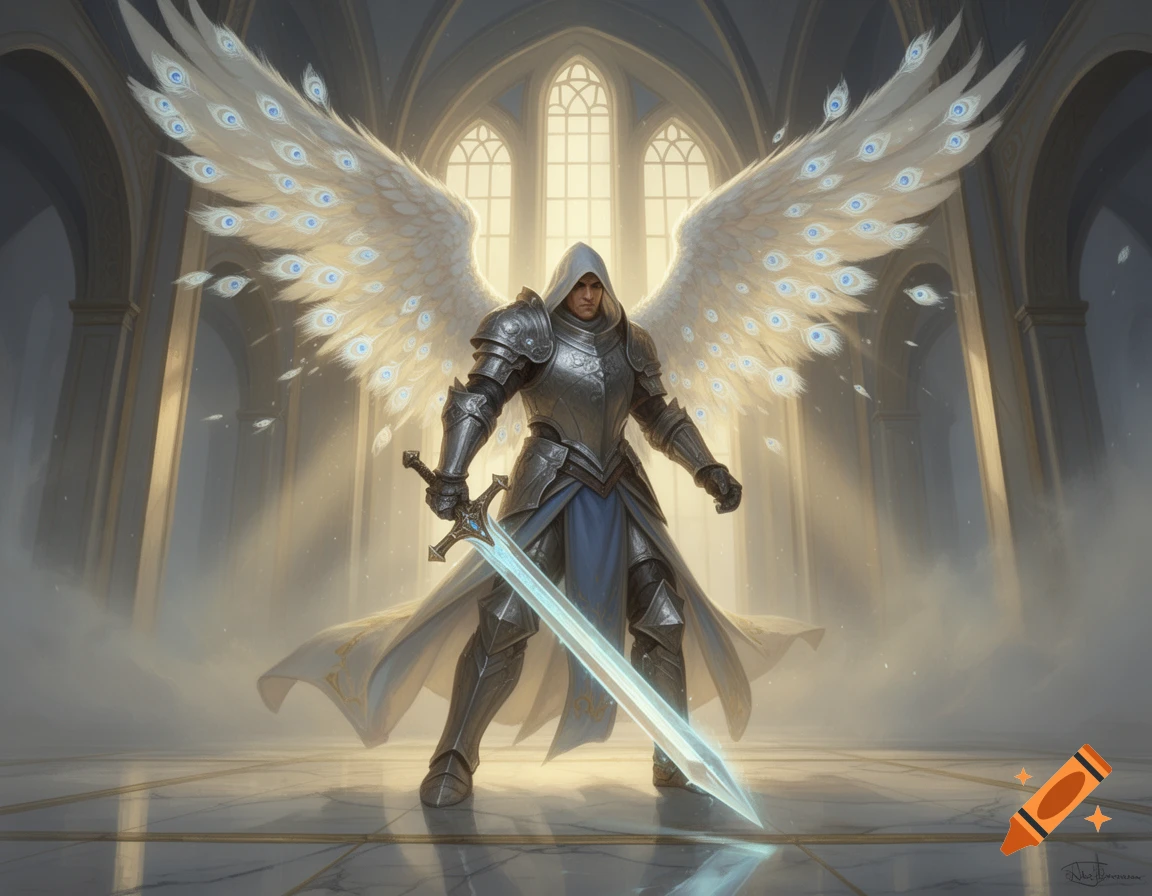 An armored angel knight with white peacock wings and a hood stands in a cathedral, holding a glowing greatsword.