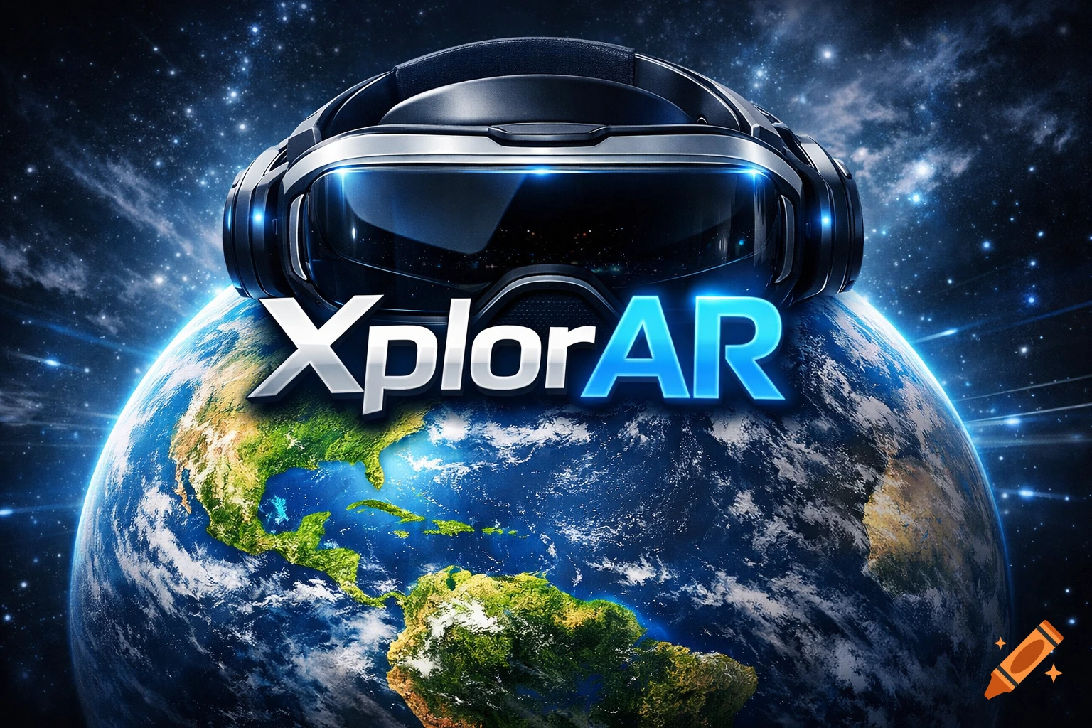 A sleek black VR headset sits atop planet Earth, with the text XplorAR prominently displayed, set against a vibrant starry night sky.