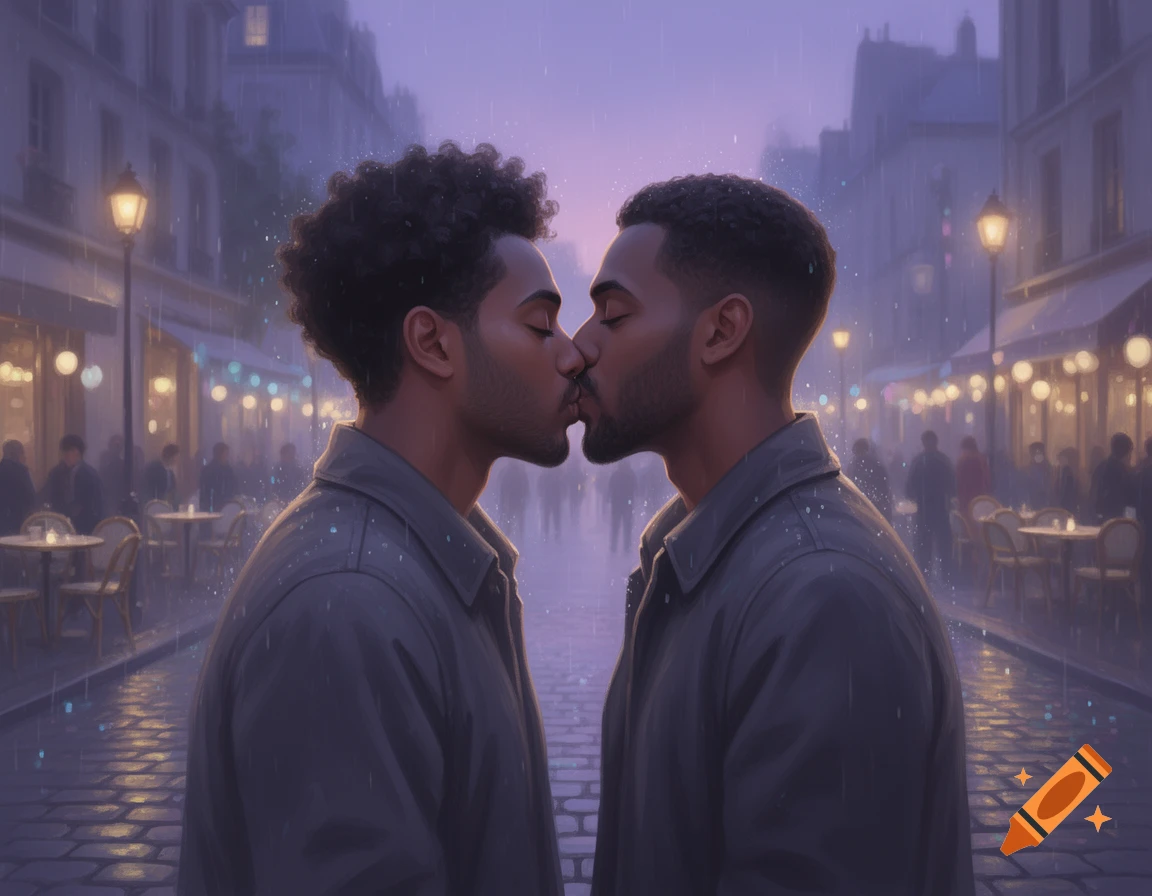 Two men with closed eyes share a romantic kiss on a rainy city street at night, surrounded by glowing lights.