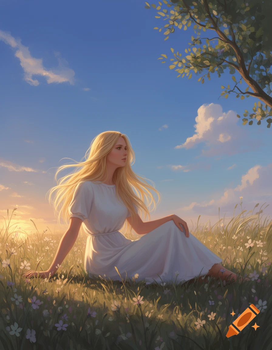 A blonde woman in a white dress sits in a flower field at sunset, looking right, with a tree above in an illustrative style.