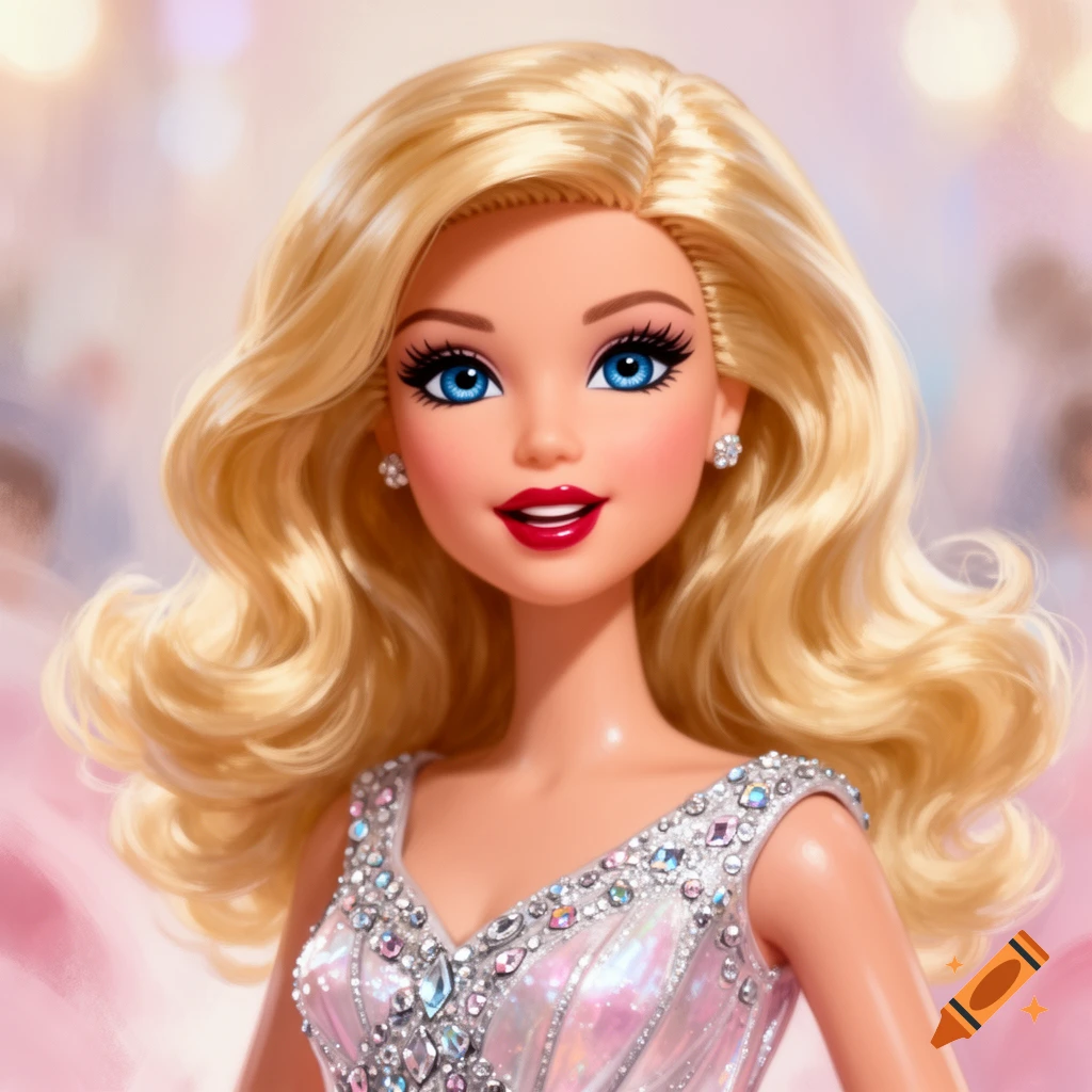 Close-up portrait of a blonde Barbie doll with blue eyes, wearing a sparkly, jewel-encrusted dress, against a soft pink background.