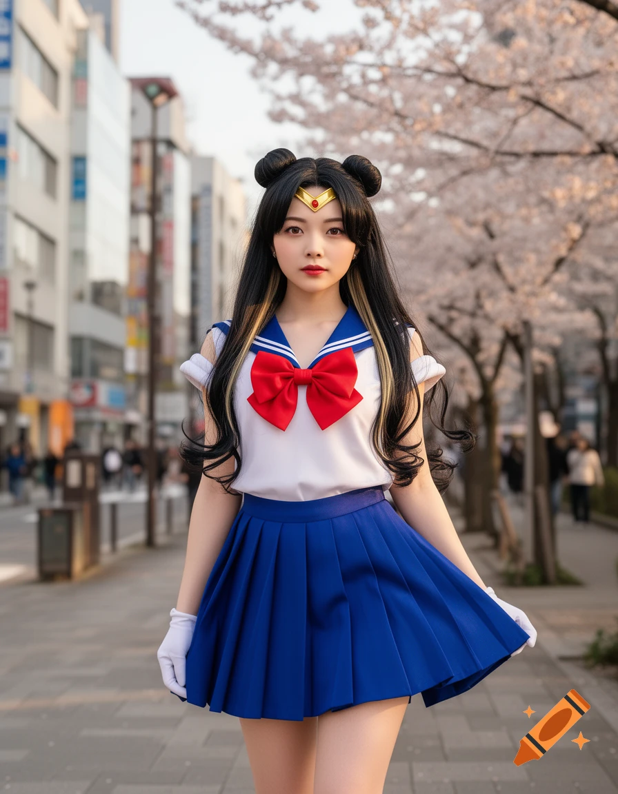 A real-life Japanese woman dressed as Sailor Moon stands on a city street lined with cherry blossom trees.