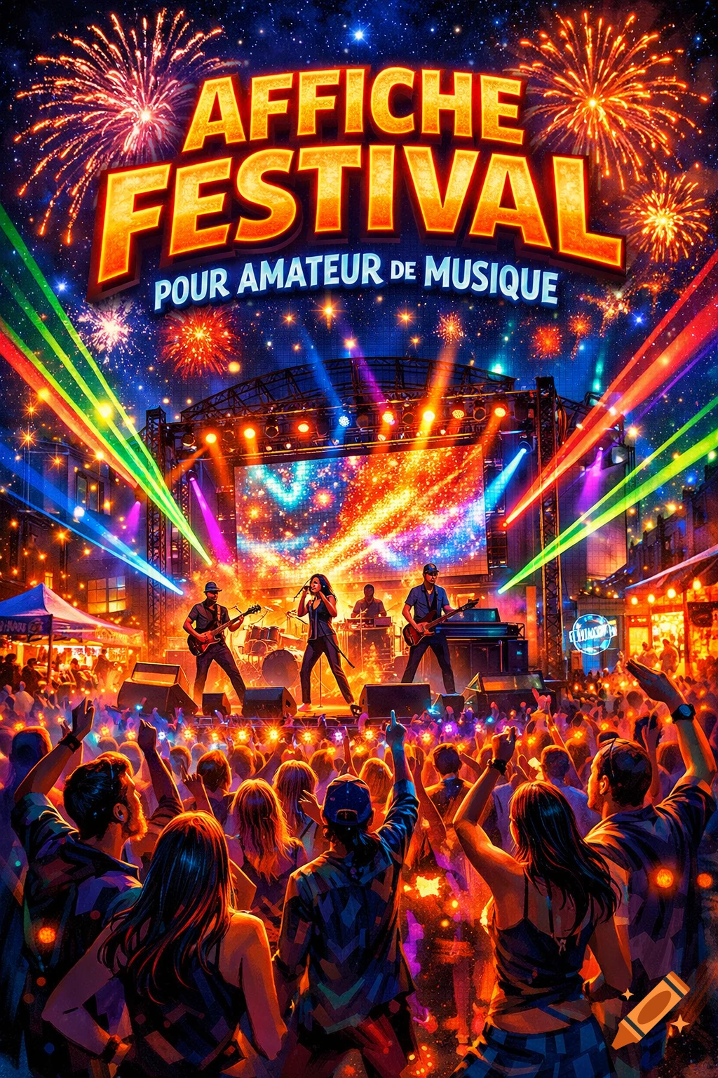 Vibrant music festival with a band on stage, colorful laser lights, fireworks, and a large crowd.