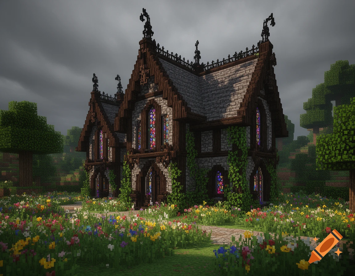 A detailed Minecraft house with gothic architecture and stained glass windows, set in a field of colorful flowers under a dramatic sky.