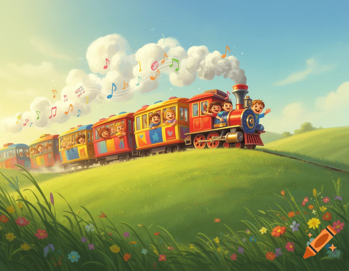 A vibrant cartoon train carries happy children waving on a sunny green hill with musical notes floating from its smoke, surrounded by flowers.