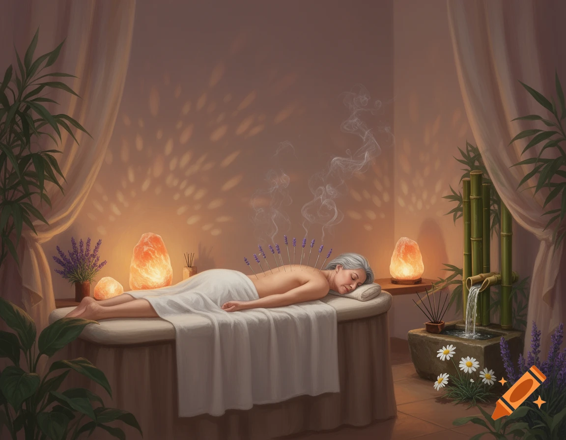 A woman lies on a massage table receiving acupuncture in a serene spa room with glowing salt lamps and a bamboo fountain, photorealistic style.