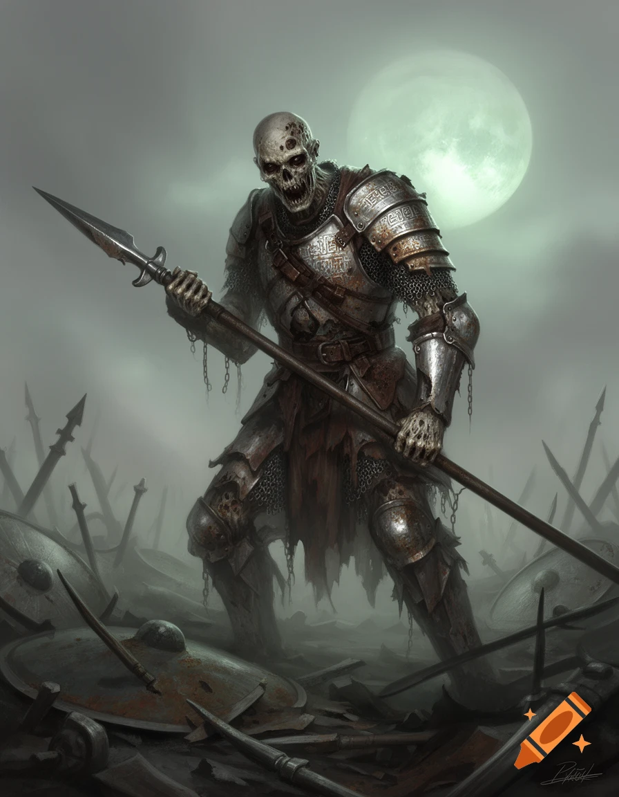 Skeletal zombie warrior in ornate armor with a spear stands on a misty battlefield under a pale moon.