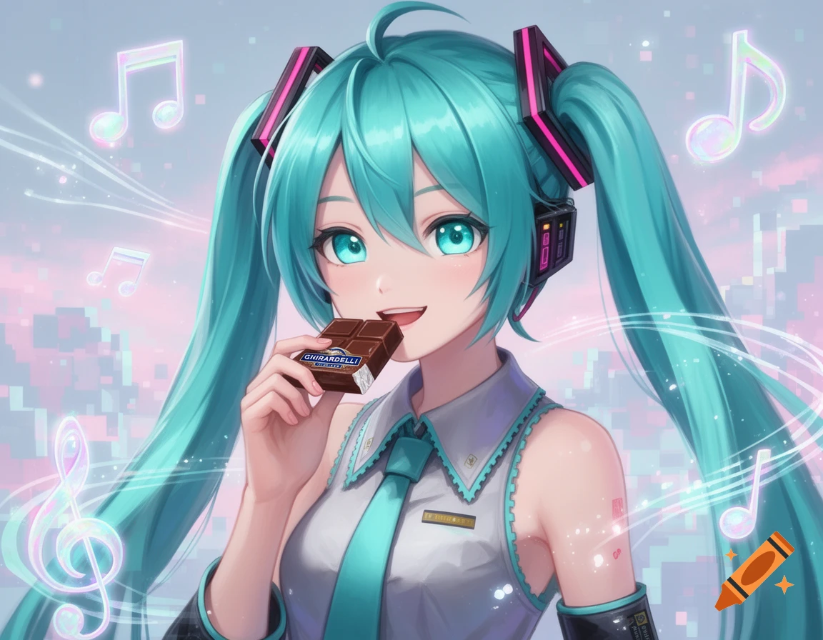 Hatsune Miku, an anime girl with turquoise pigtails, smiles while eating a Ghirardelli chocolate square, with musical notes in the background.