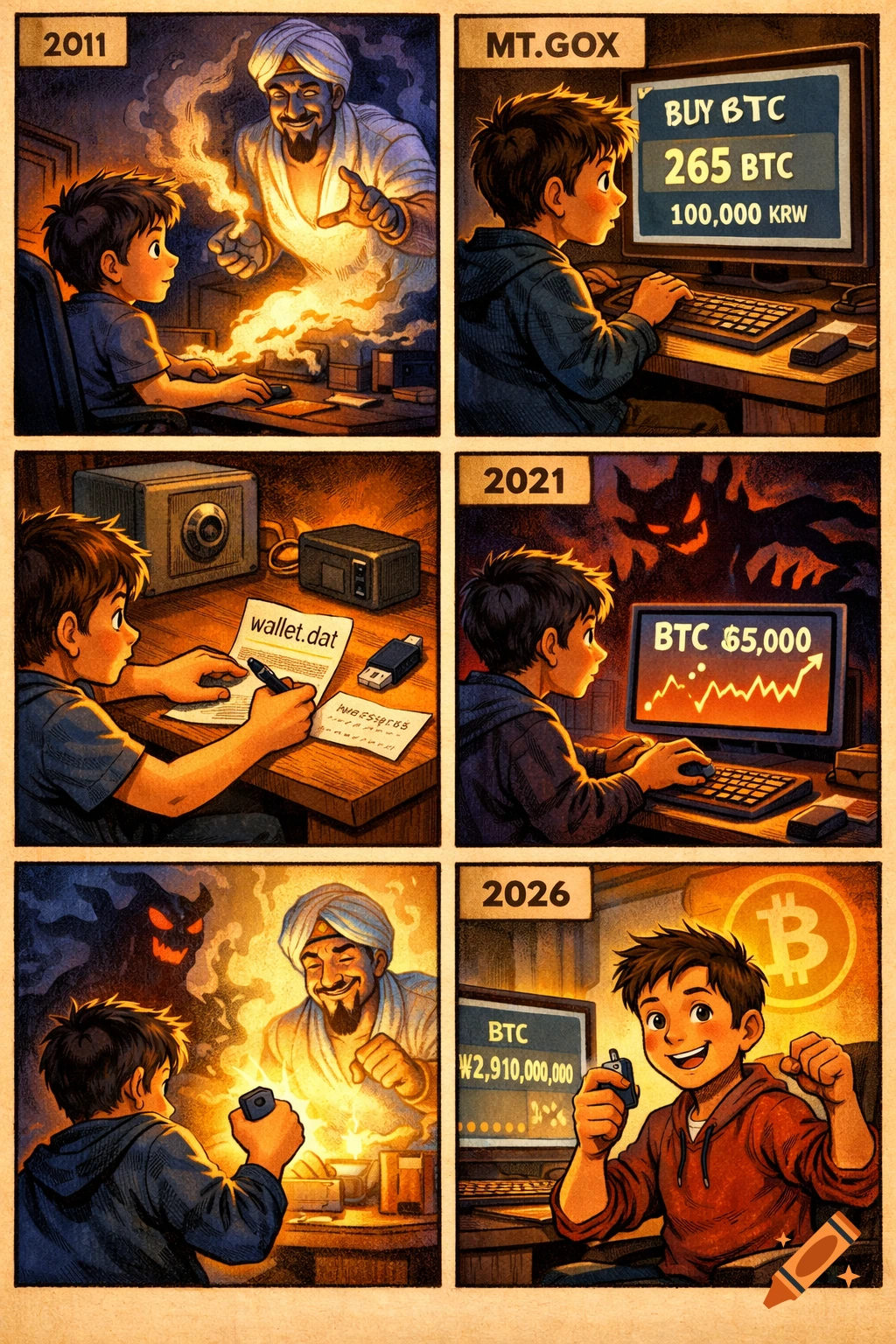 A six-panel comic strip illustrating a young boy's journey with Bitcoin from 2011 to 2026, featuring a genie, Mt. Gox, and a demon, ultimately ending in success.