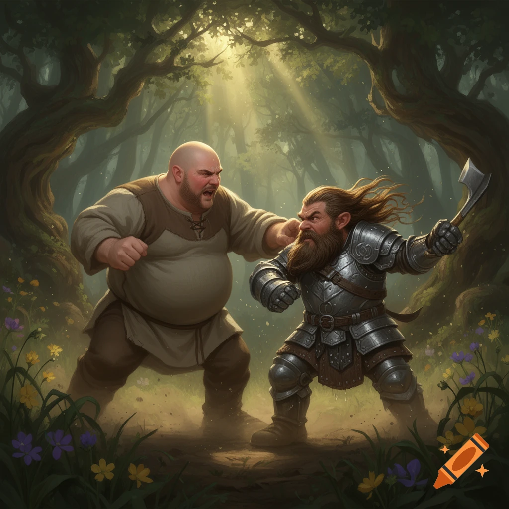 A bald man punches a bearded dwarf in armor with an axe, fighting in a sunlit fantasy forest.