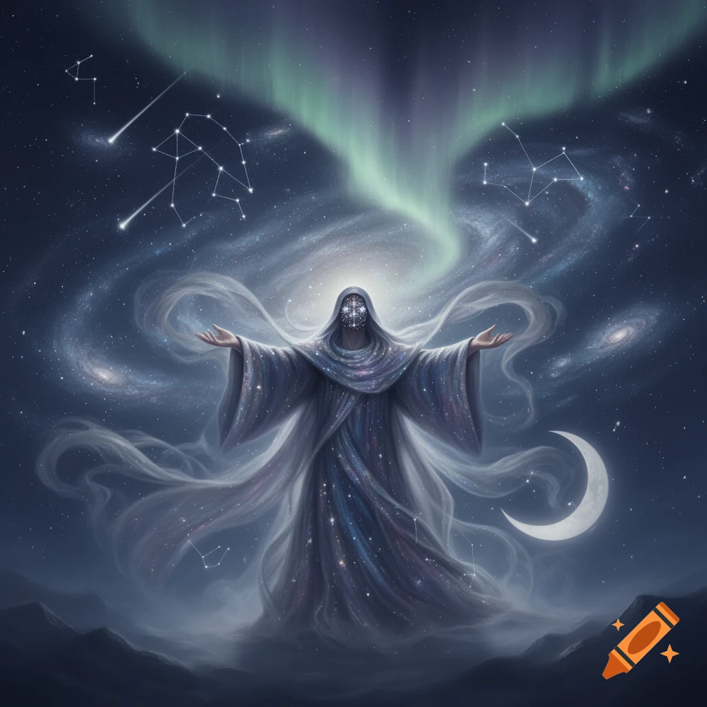A robed figure with a glowing, patterned face stands with arms outstretched amidst a cosmic nebula, aurora, constellations, and a crescent moon.