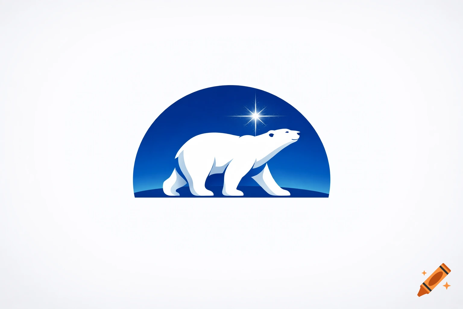 Stylized white polar bear on a blue arctic landscape looks up at a star, framed by a dark blue arch.