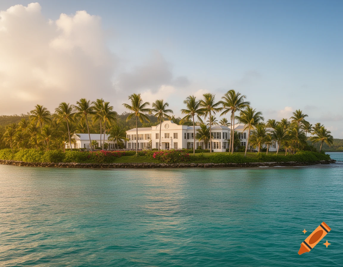 A large white American-style college building on a tropical island, surrounded by palm trees and turquoise water at sunset.