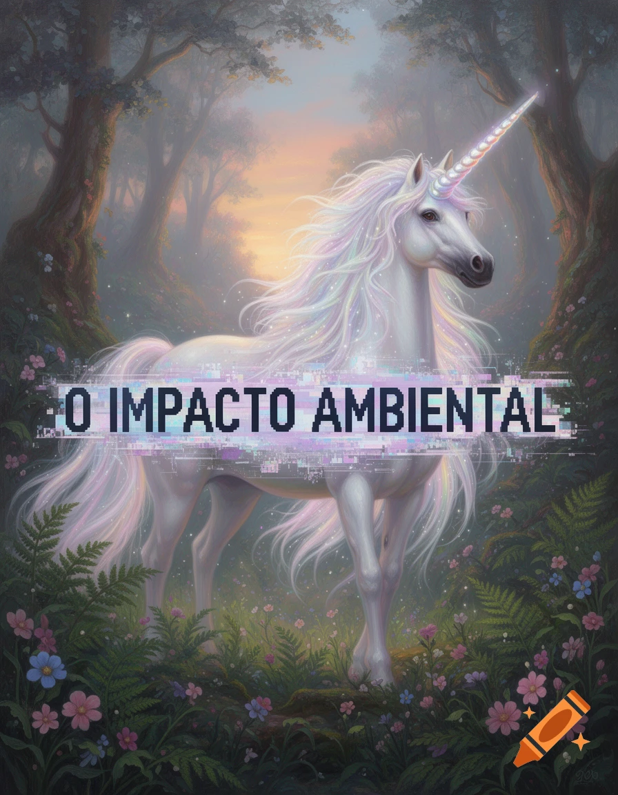 A white unicorn with a rainbow horn in a magical forest with flowers, overlaid with glitchy text "O IMPACTO AMBIENTAL".