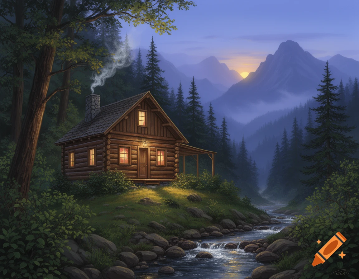 A cozy log cabin with lit windows sits by a flowing river in a misty ...