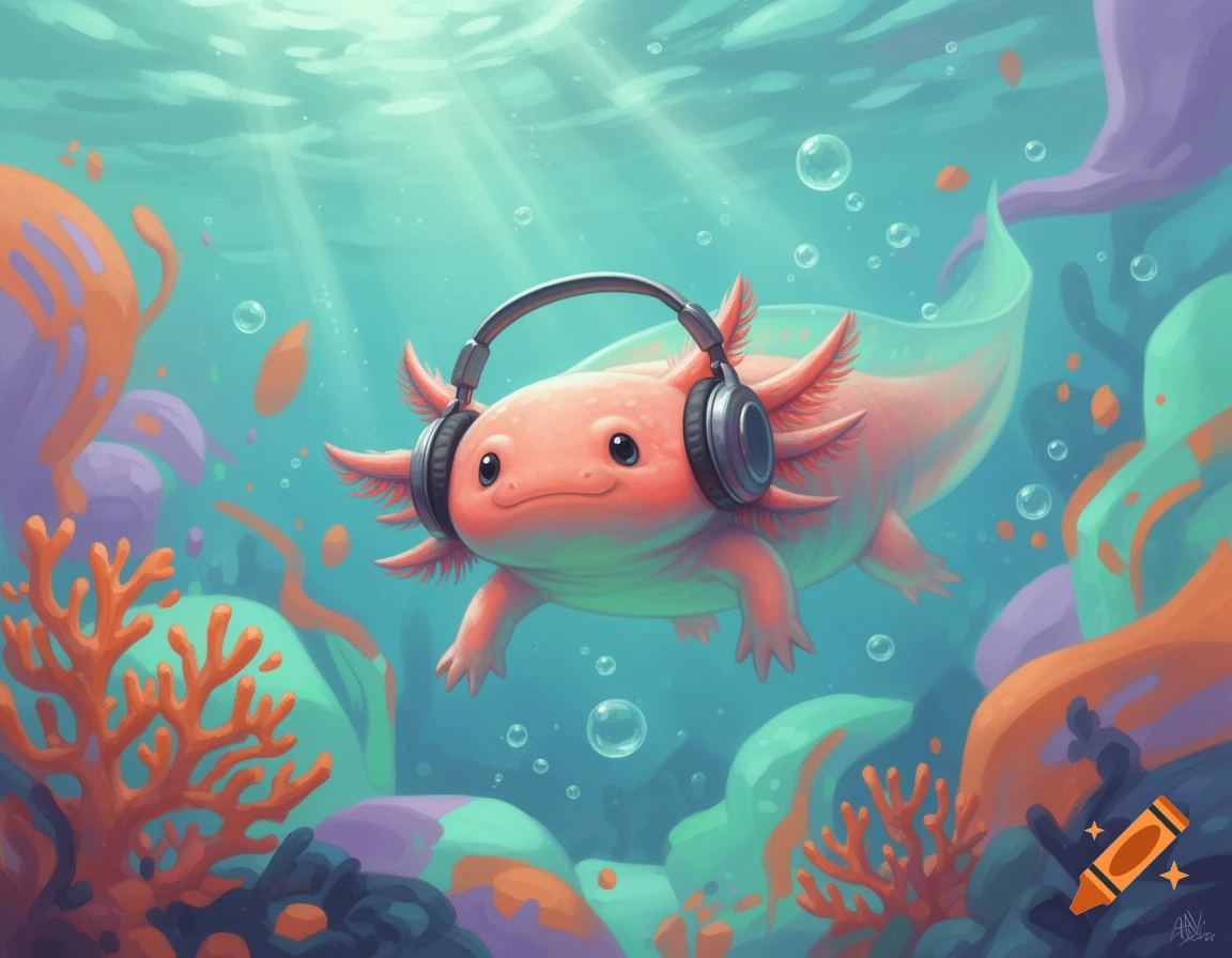 A cute, pink axolotl wearing headphones floats calmly underwater amidst colorful coral and bubbles in a digital art style.