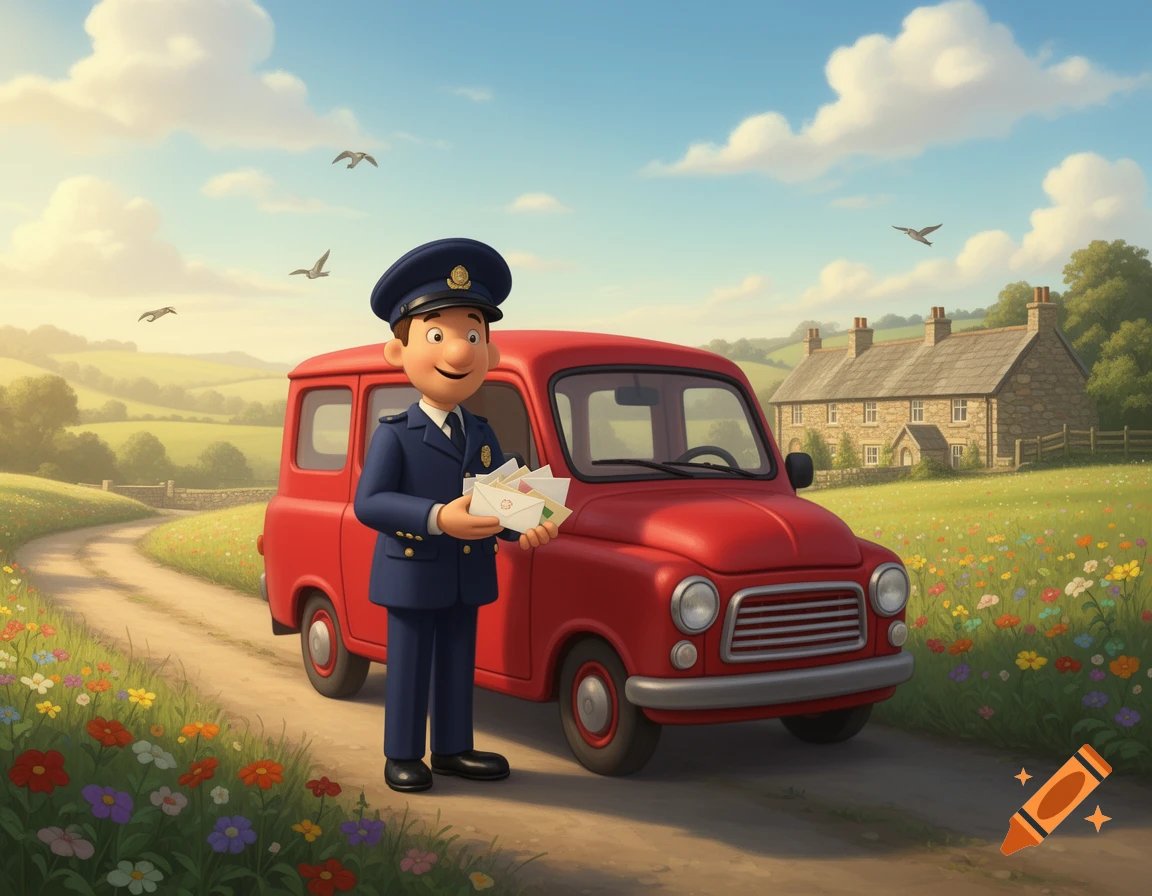 A friendly cartoon postman in a blue uniform holds letters next to his red delivery van on a dirt road in a sunny green countryside.