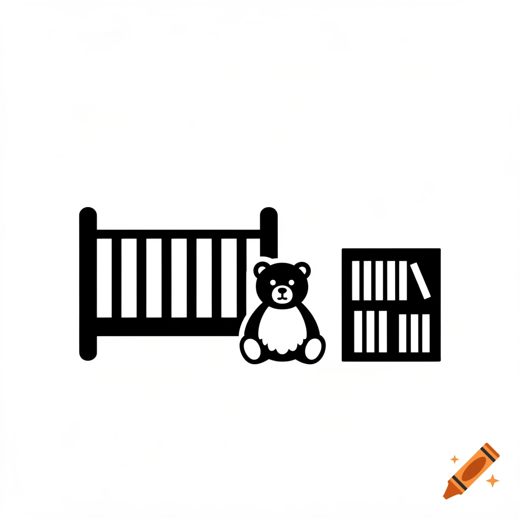 Black and white icon of a baby crib, a teddy bear, and a bookshelf.