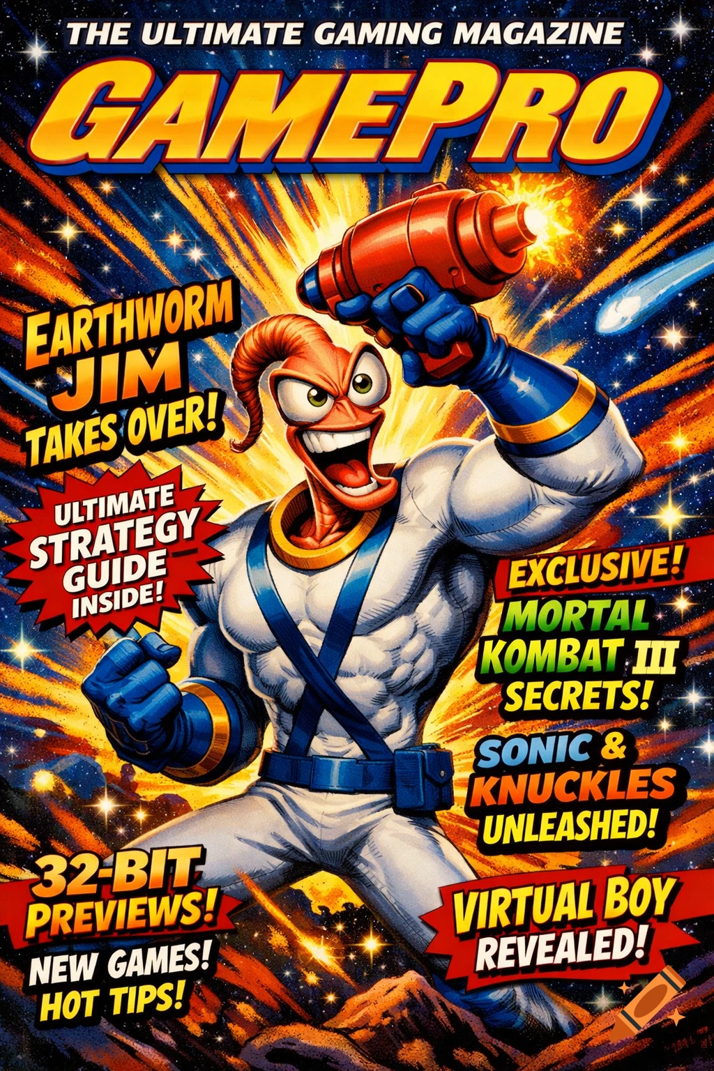 Earthworm Jim holding a ray gun on the cover of a Gamepro gaming magazine with bold text, comic art style.
