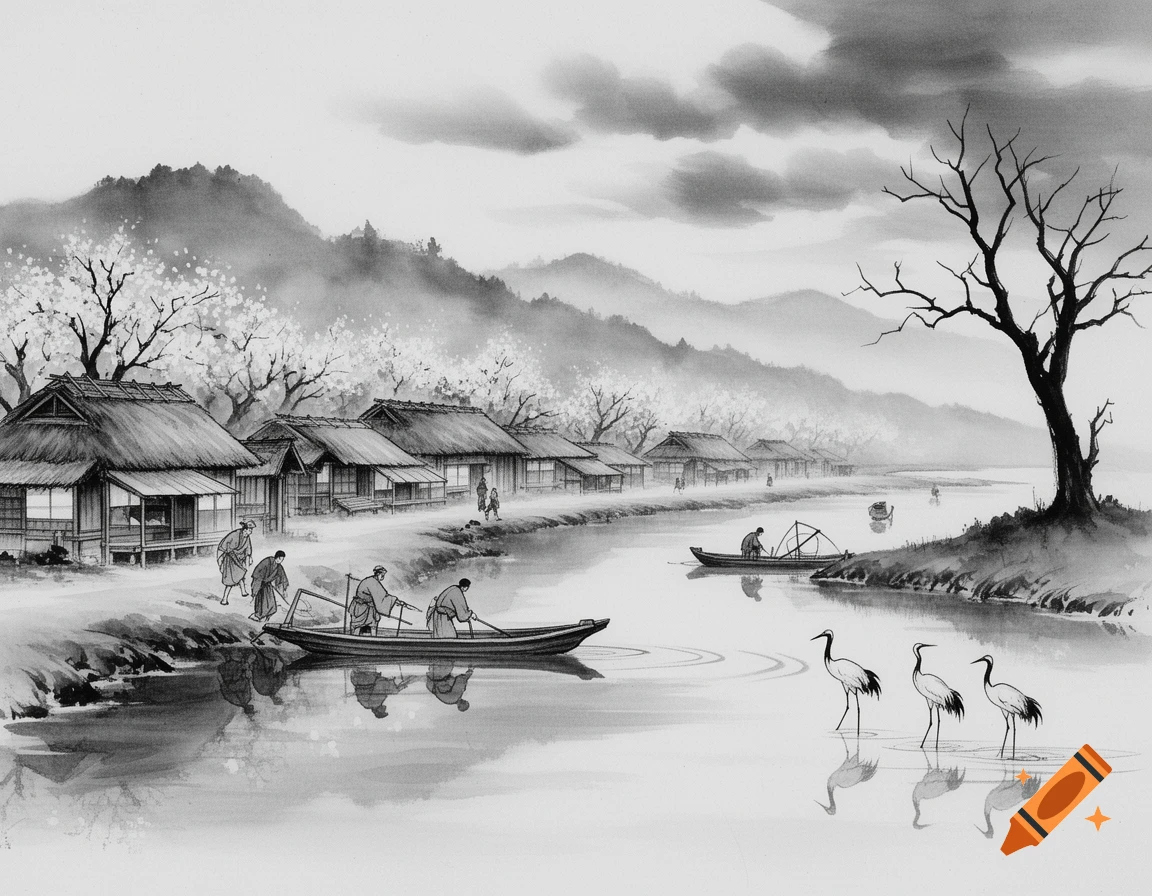 Black and white sumi ink wash painting of a feudal Japanese fishing village with people, boats, thatched-roof houses, and cranes.