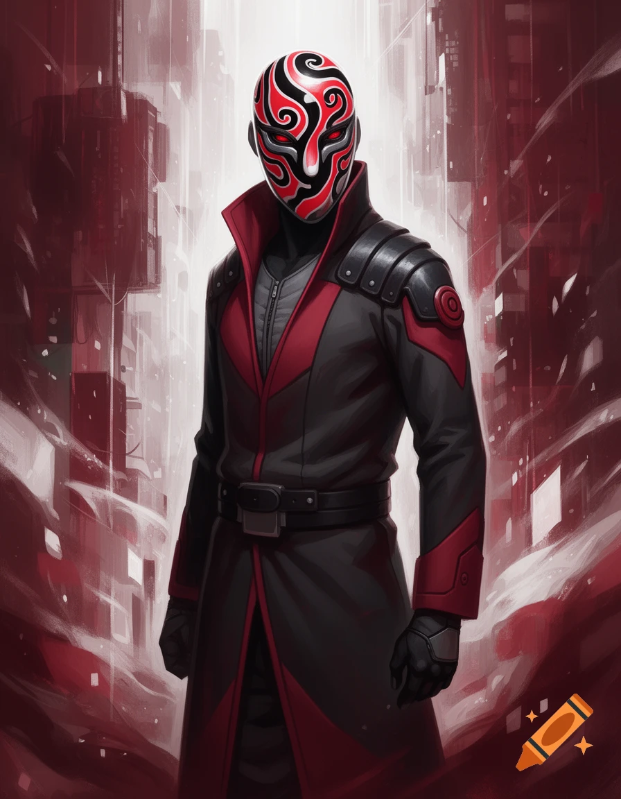 A modern villain character wearing a red, black, and white mask and a long coat stands against a stylized red and white city background in digital art style.