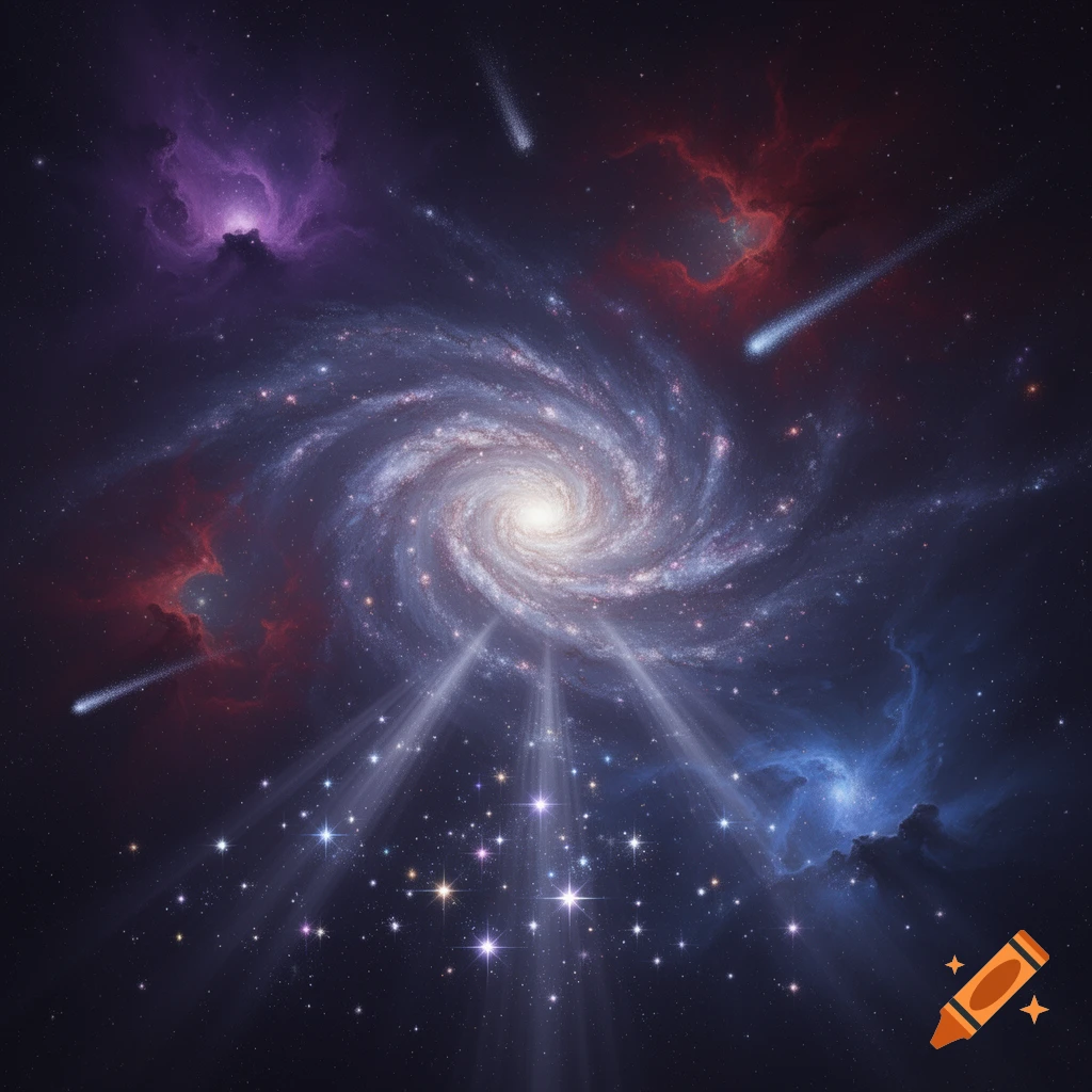 A vibrant spiral galaxy with beaming light in a dark space filled with colorful nebulae and streaking meteors.