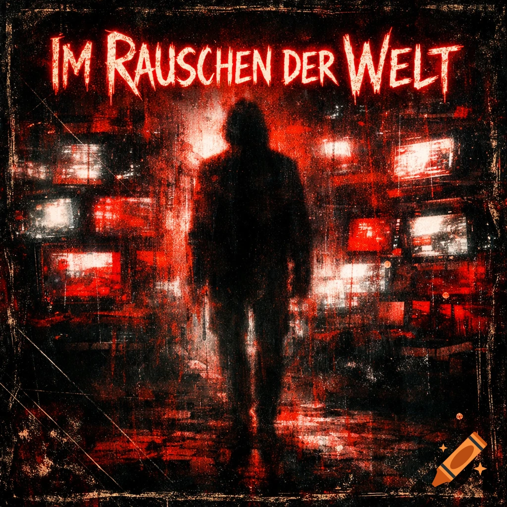 Grunge album art with a shadowy figure in front of red glitching screens, with the title 'Im Rauschen der Welt' in a neon red, raw font.