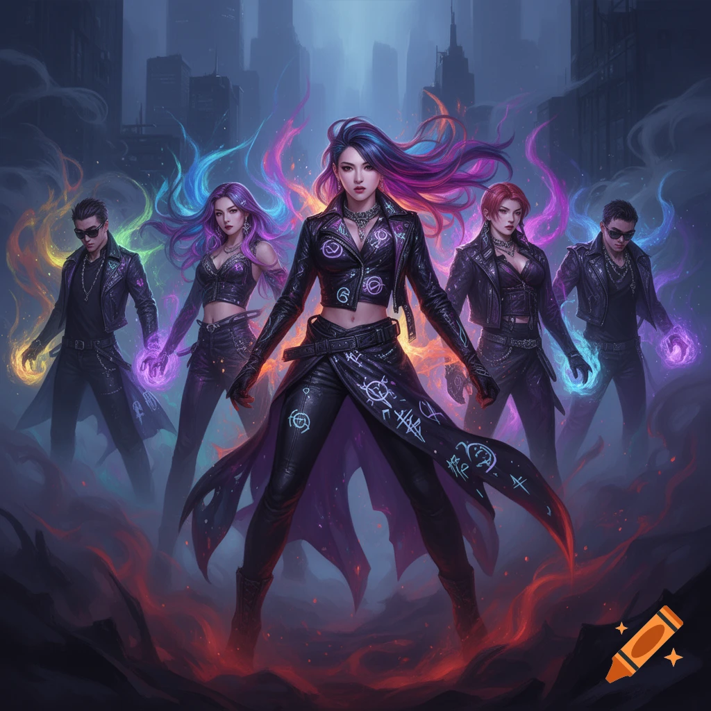 Five stylish individuals with vibrant hair and glowing hands in black leather outfits, standing in a dark, urban fantasy city.