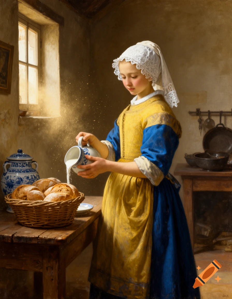 A young woman in a yellow and blue dress pours milk from a jug, standing by a wooden table with bread in a sunlit kitchen, painted in a classical style.