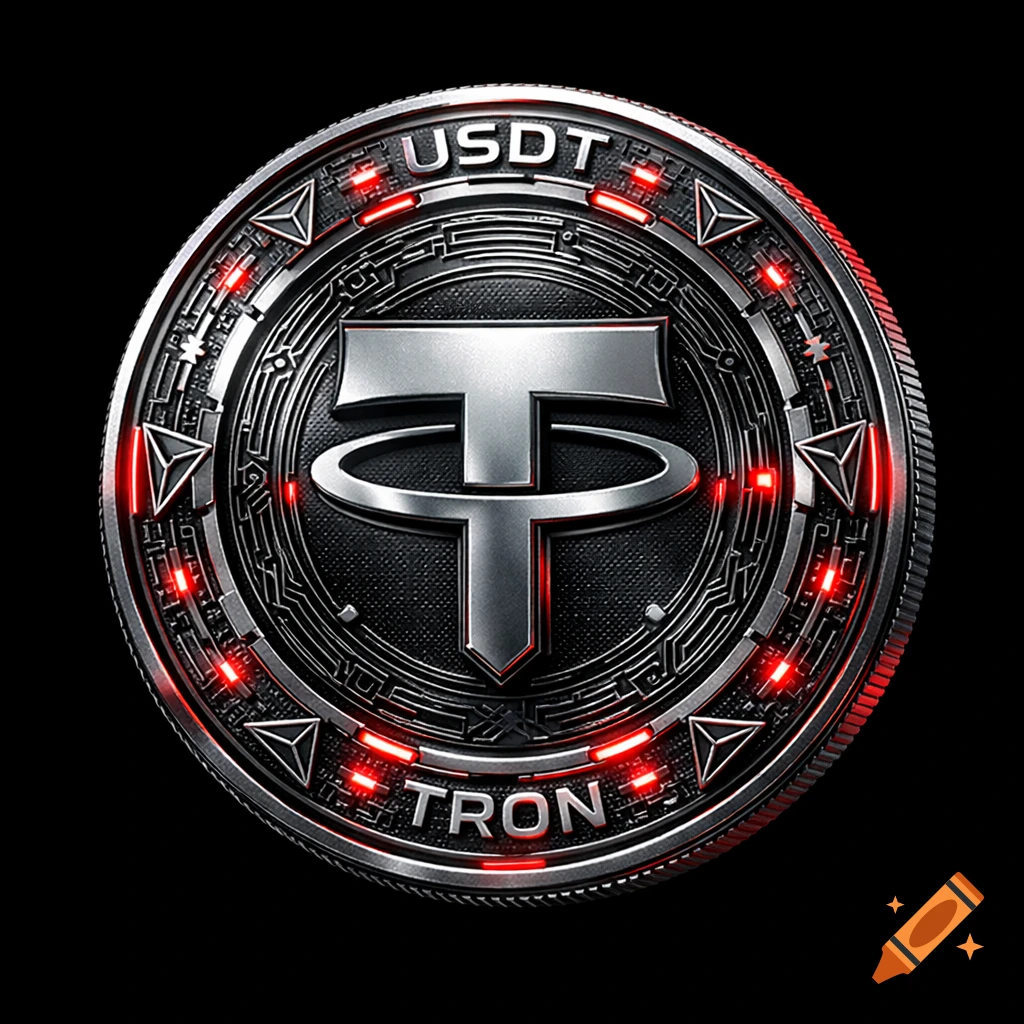 Highly detailed 3D render of a metallic USDT TRON digital coin with red neon light reflections on a black background.