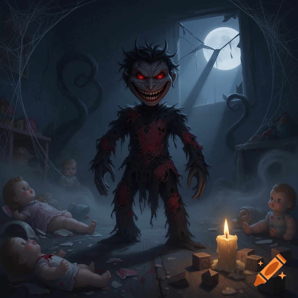 Demonic doll-like monster with red eyes and sharp teeth in a dark, cobwebbed room with scattered baby dolls, a lit candle, and a full moon outside a broken window.