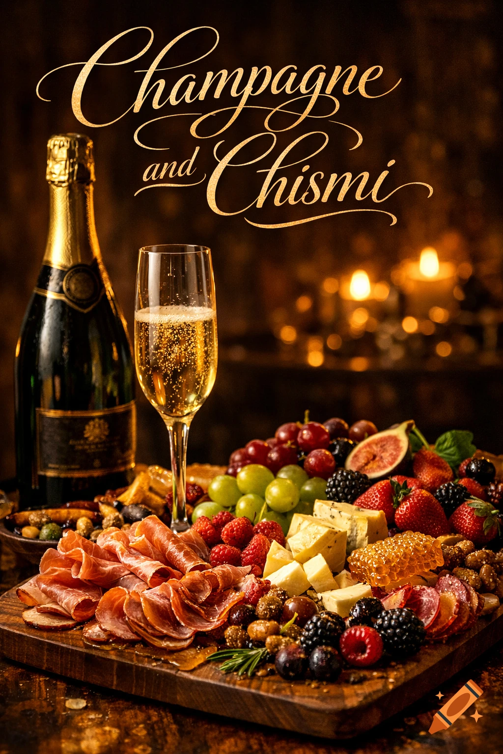 Photorealistic charcuterie board with meats, cheeses, fruits, and champagne with 'Champagne and Chismi' text.